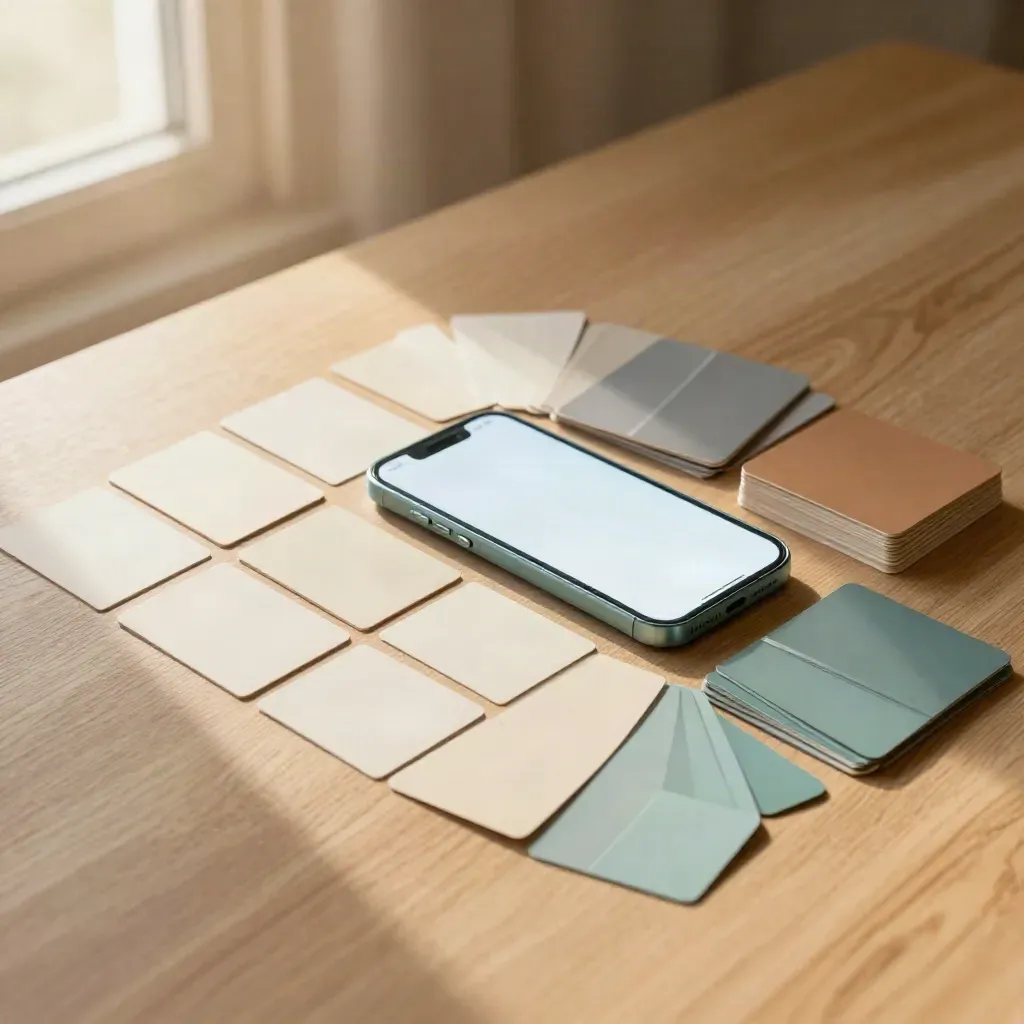 Pale Oak mit Karten, Lichtpanel und Farbmuster für Social Content