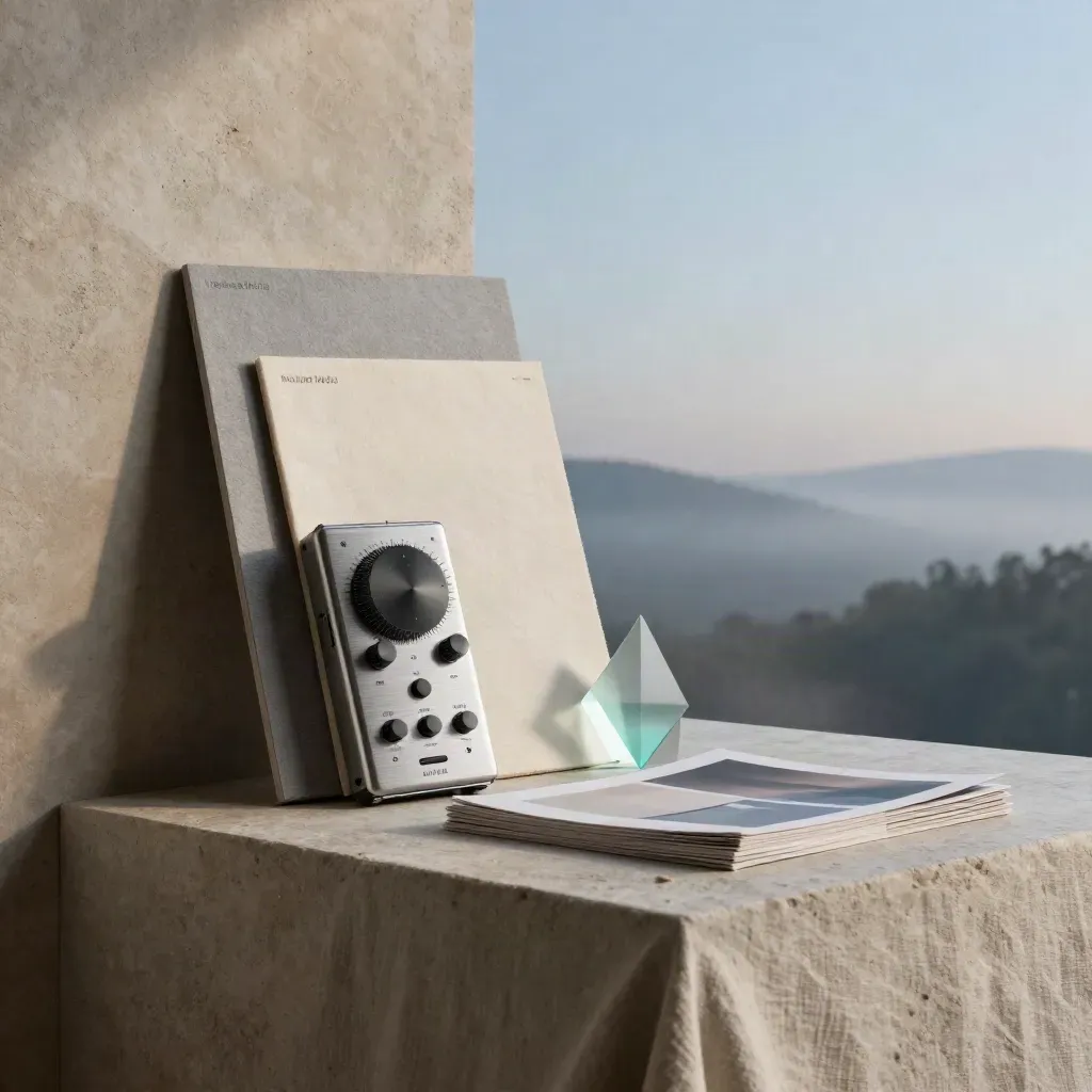 Steinplinthe mit Brandboards, Stoffmustern, Audiorecorder und Glasprisma im Morgenlicht.