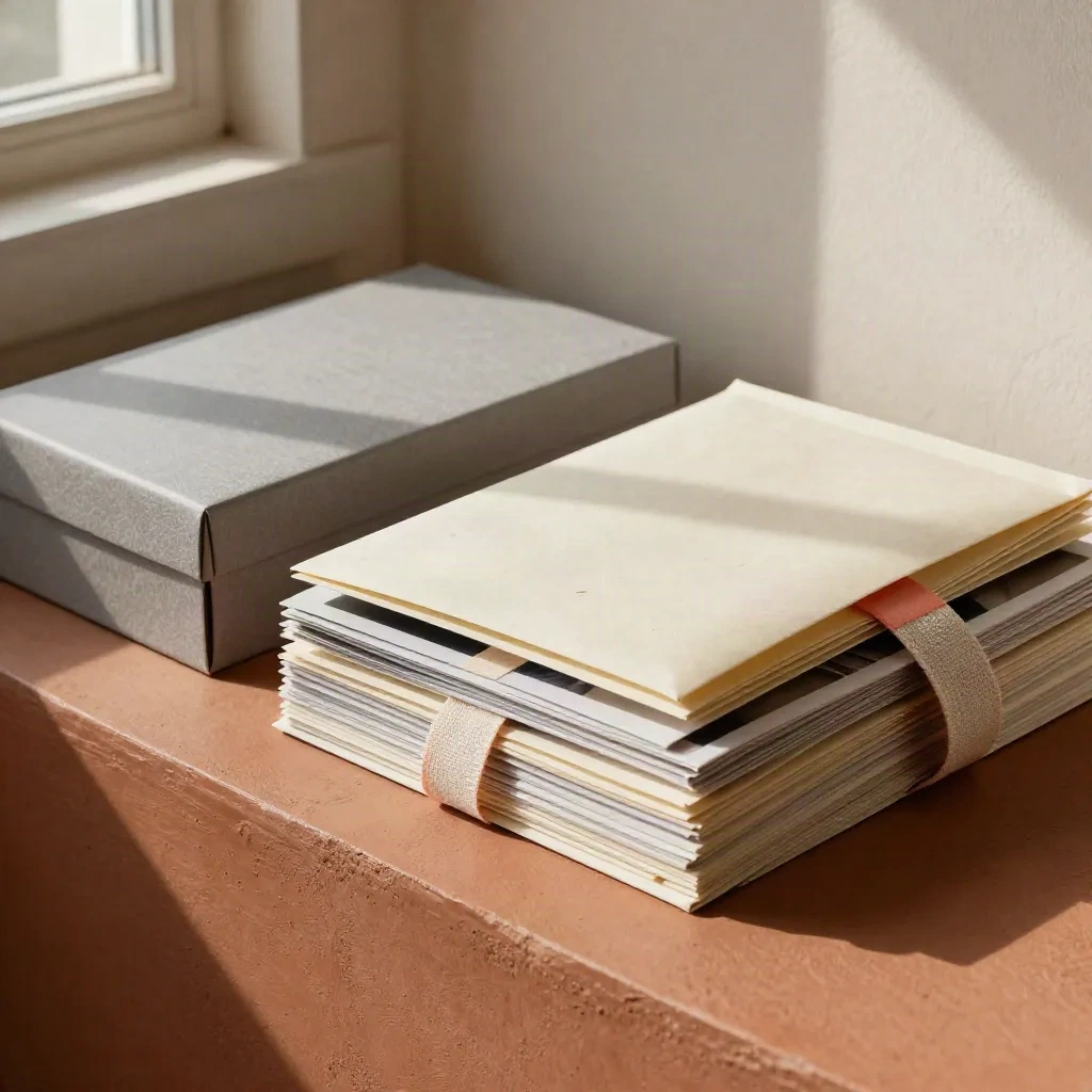 Edle Pressemappe in Box, Sleeve und Fotoabzügen auf Terrakotta-Ledgestufe.