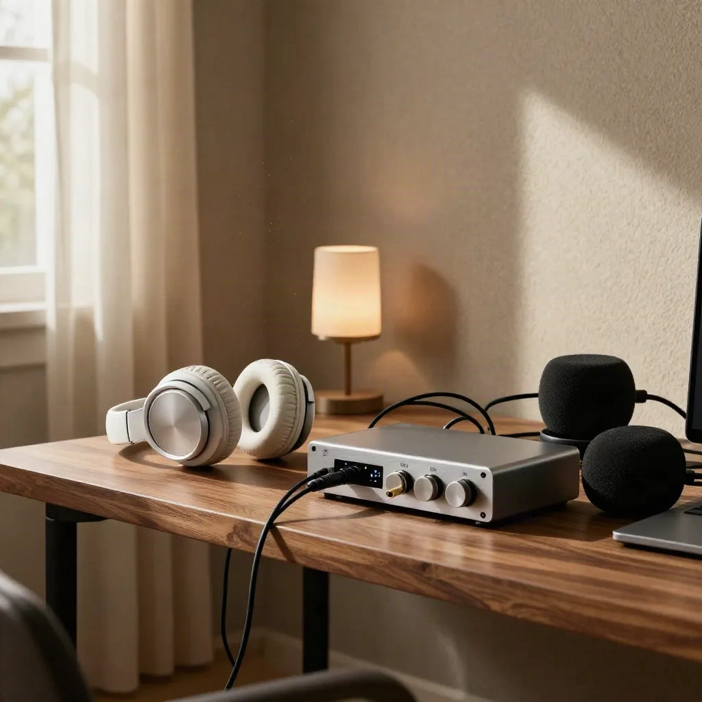 Podcast-Headphones, Audio-Interface und XLR-Kabel auf warmem Studiotisch im Abendlicht.