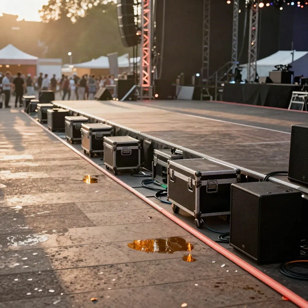 Leerer Festivalhof mit Lichttraversen, LED-Cases, Konfettispuren und Bühnenkante im Abendlicht.
