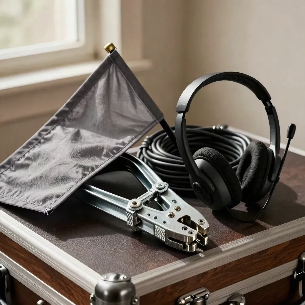 Rigging-Klemmen, Kabel, Diffusionsflagge und Headset auf dunklem Tuch im harten Licht.