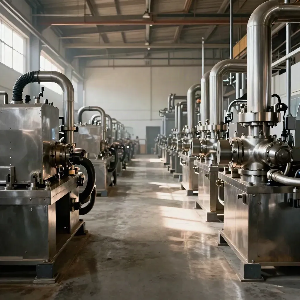 Leere Industriehalle mit Stahlmaschinen, Rohren und Lichtstrahlen auf glänzendem Boden