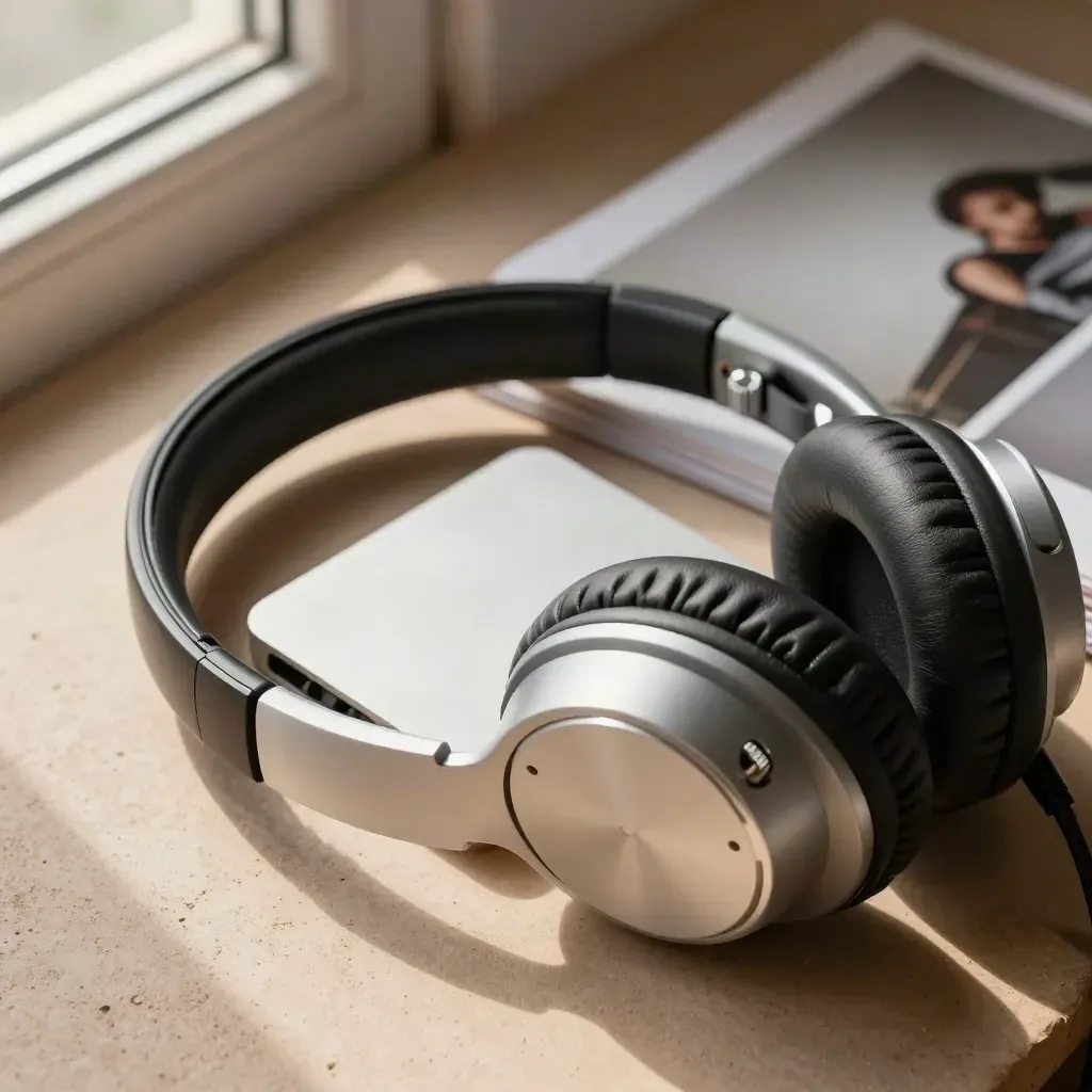 Kopfhörer, Audio-Interface, SSD und Druckstapel auf hellem Studiotisch mit weichem Licht