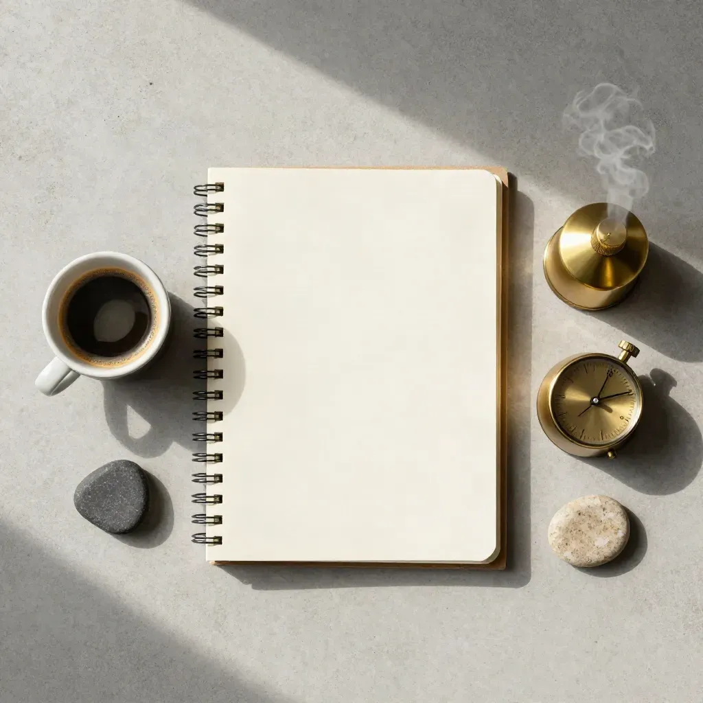 Überkopf-Flatlay mit Notizbuch, Espressotasse, Brass-Timer und Farbkarten auf Beton.