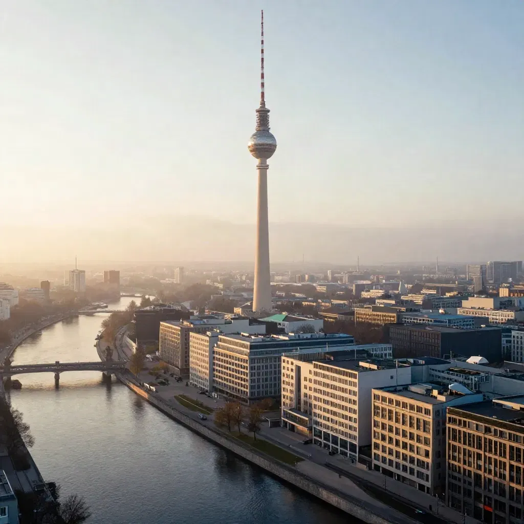 Berliner Skyline im Morgendunst mit Fernsehturm über der Spree, oben klar, unten ruhig.