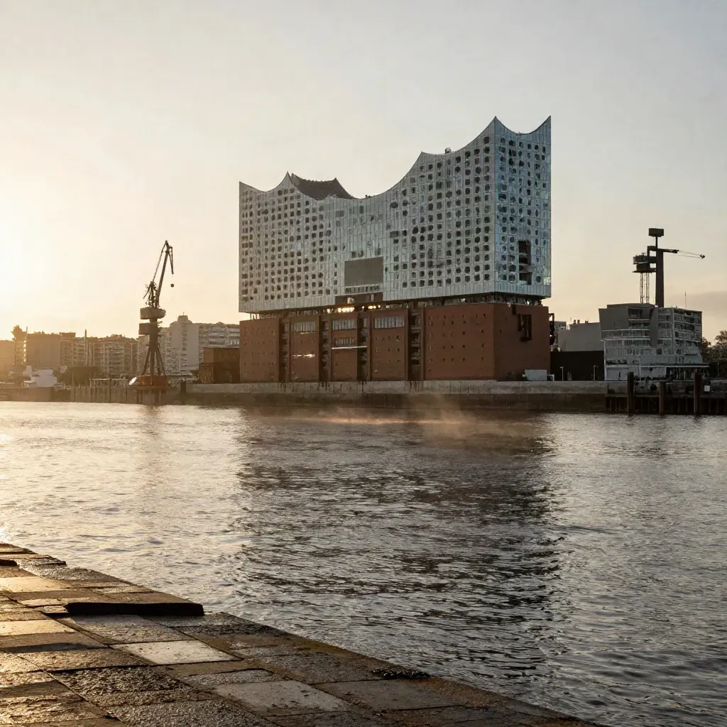 Hamburger Hafen im goldenen Licht mit Elbphilharmonie, Kränen und ruhigem Wasser.