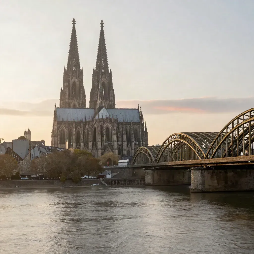 Kölner Dom und Rheinbrücken über ruhigem Fluss im warmen Abendlicht