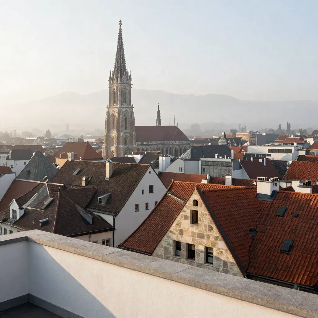 Münchner Dächer mit der Frauenkirche im Morgenhaze und Alpenlinie im Hintergrund.