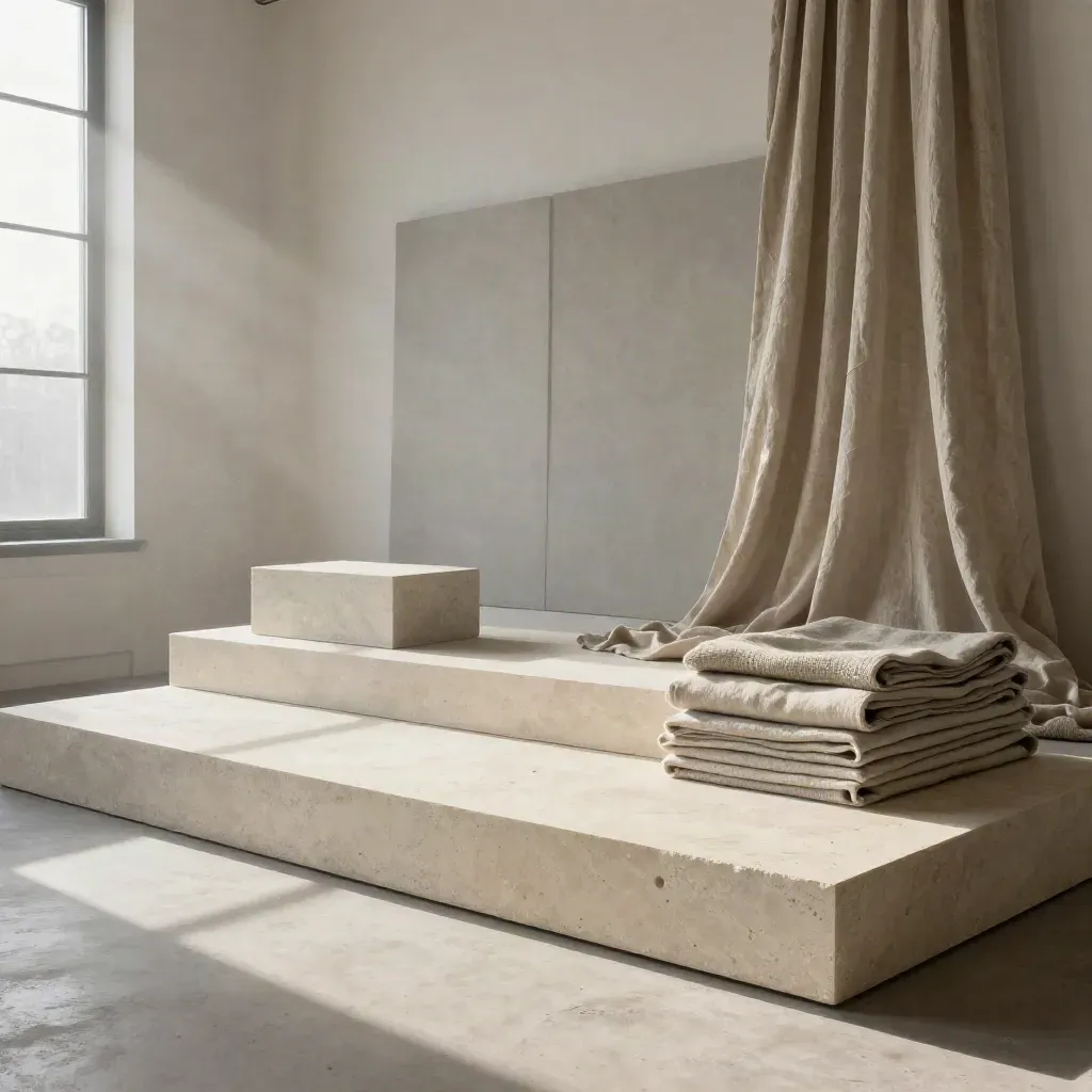 Loft-Brandset mit Plinth, Rolldrops, Akustikpaneelen und Morgennebel im blauen Licht.