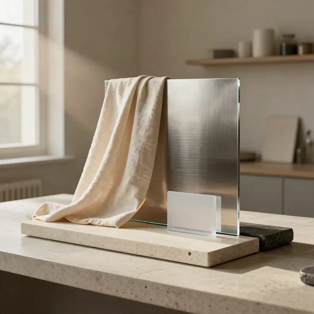 Steinblock, Glasfläche, Leinen und Metall im dramatischen Licht einer modernen Werkstatt.