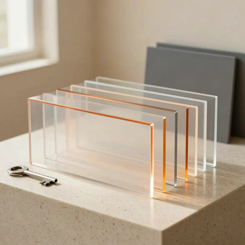 Transparente Acetatflächen mit Metallkanten und orangefarbenem Licht auf Travertin.