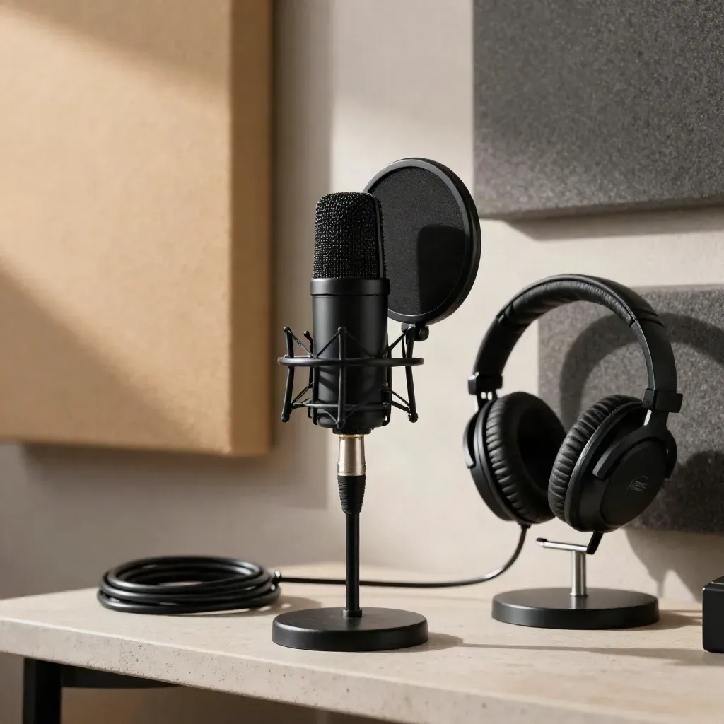 Podcast-Ecke mit Mikrofon, Popfilter, Kopfhörern und Akustikpaneelen in ruhiger Studioatmosphäre.