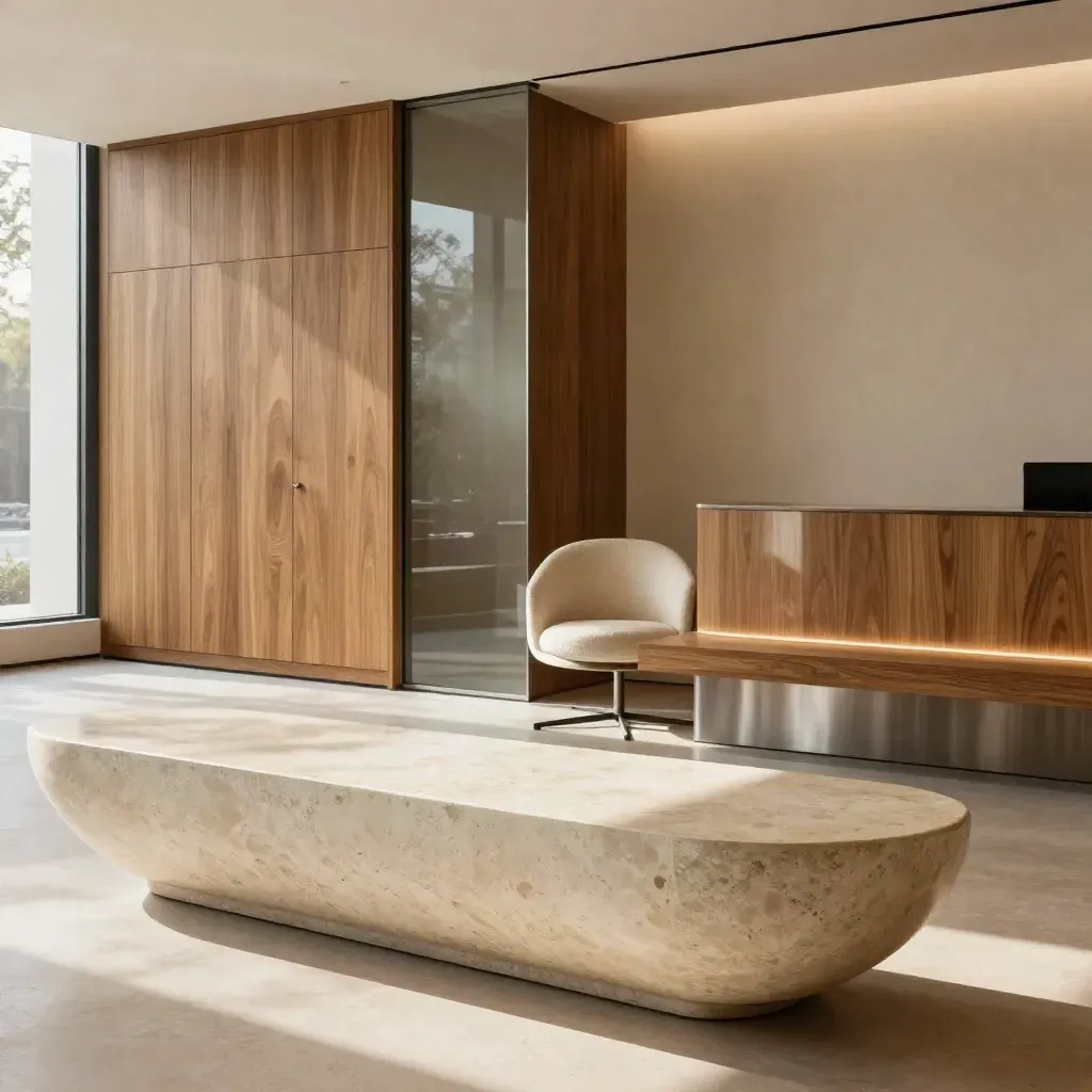 Elegante Beratungs-Lobby mit Eichenholz, Steinbank, Glas und warmem Licht.