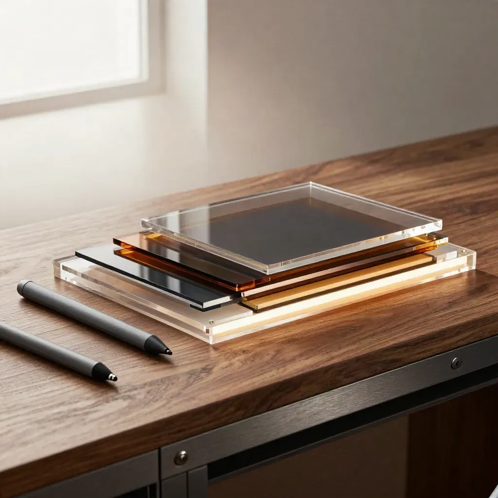 Transparente Formteile, Stylus und Lichtfilter auf Walnussholz im dramatischen Seitenlicht.