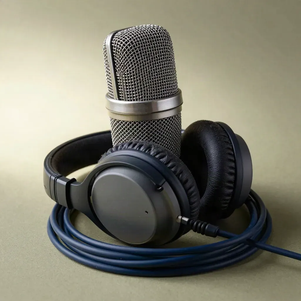 Podcast-Setup mit Mikrofonkorb, Schaumwindschutz, Kopfhörern und Kabel auf dunklem Filz.