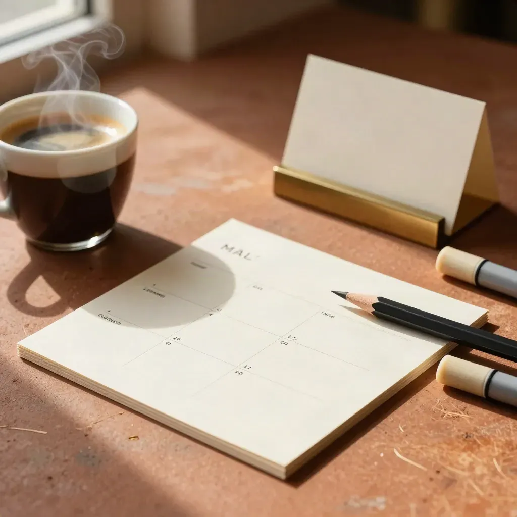 Espresso mit Kartenhaltern, Karten, Bleistift und Papiermarkern auf Terrakotta.