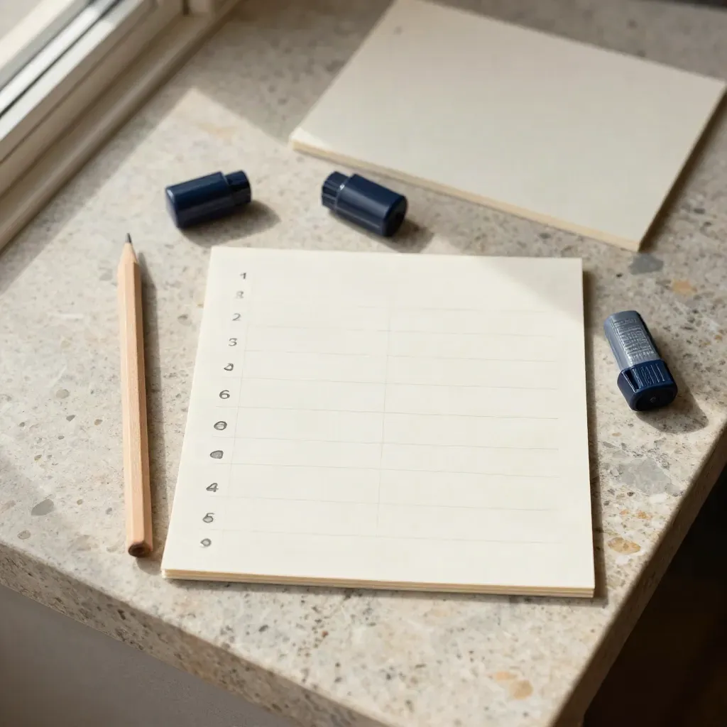 Planungskarten, Farbchips, Holzstift und Magnetmarker auf heller Steinfläche von oben.