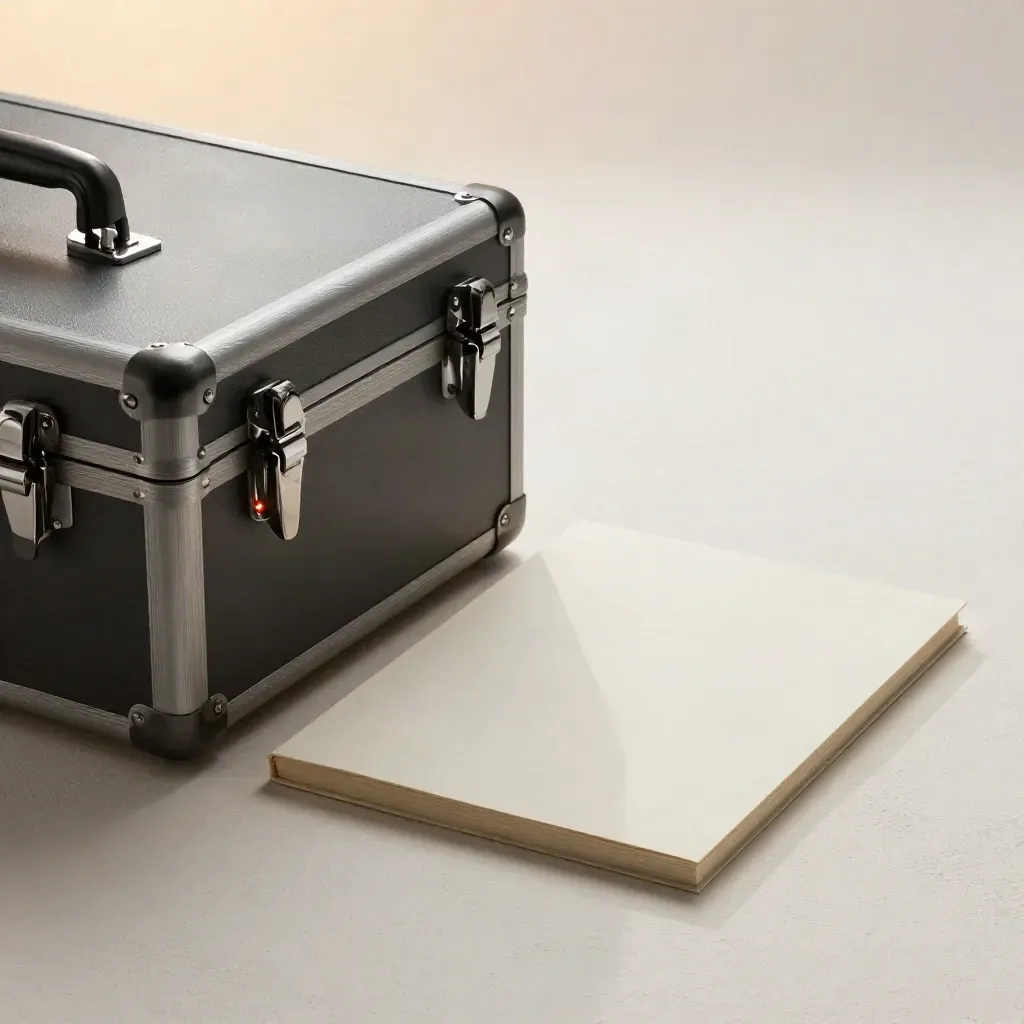 Geschlossenes Transportcase mit Leuchtpunkt, Hülle und Ordner auf hellem Untergrund.