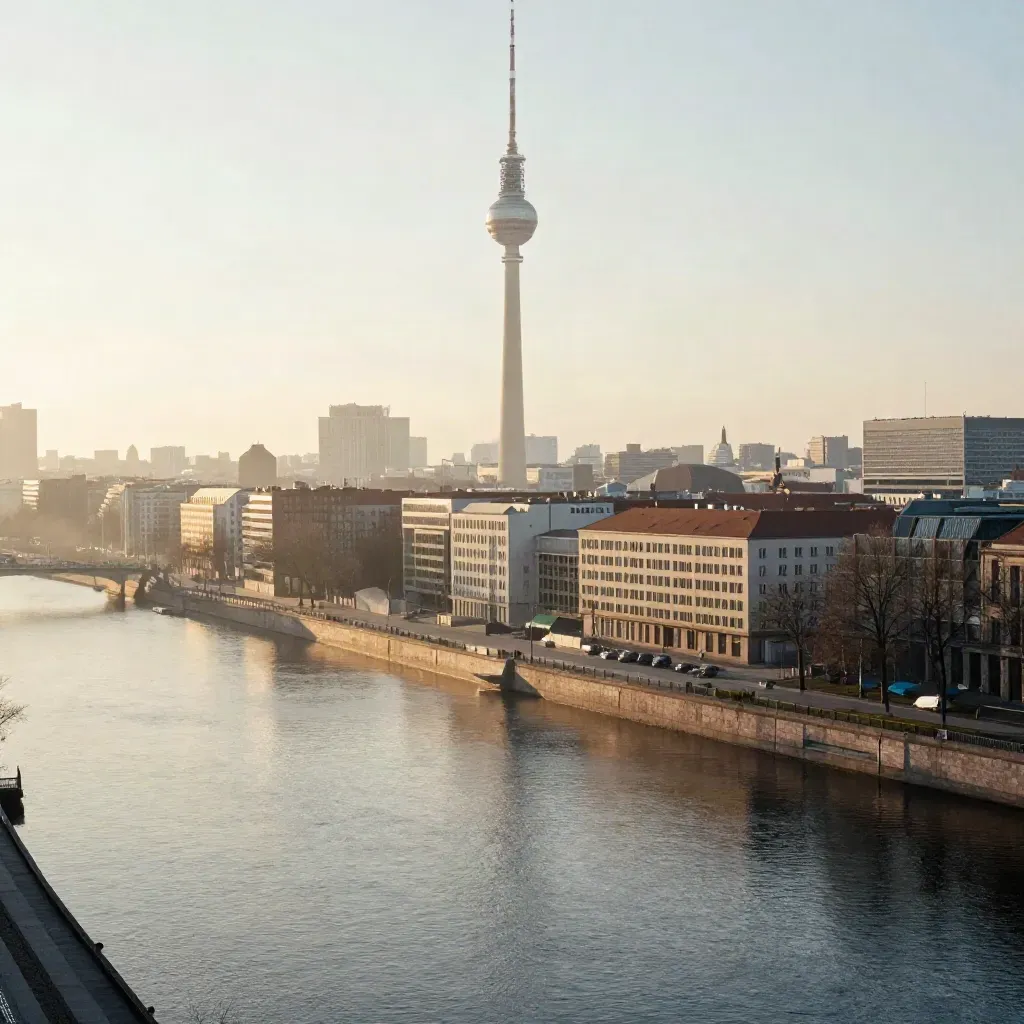 Berliner Skyline mit Fernsehturm über der ruhigen Spree im Morgendunst