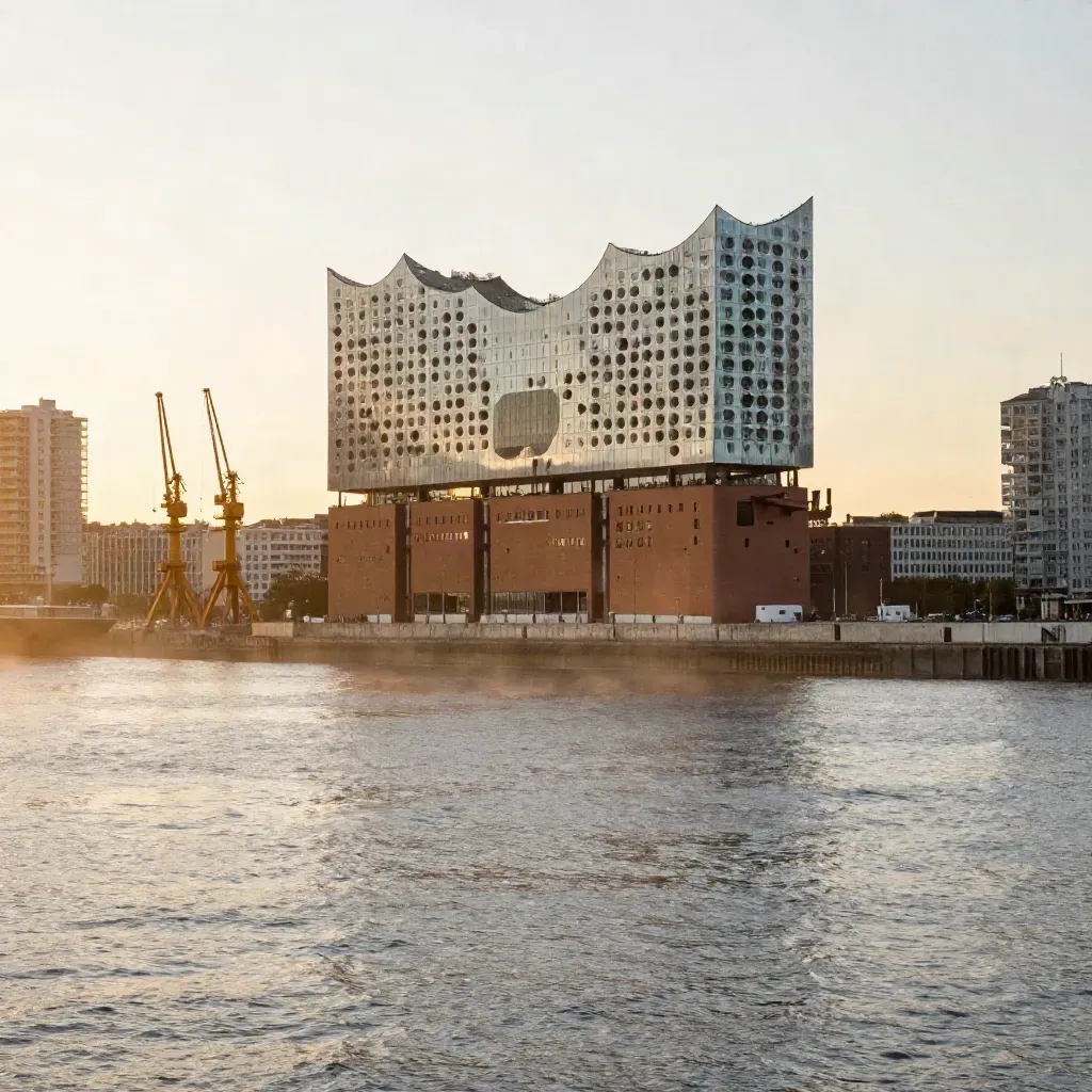 Hamburg-Hafen mit Elbphilharmonie im goldenen Licht und ruhiger Wasserfläche