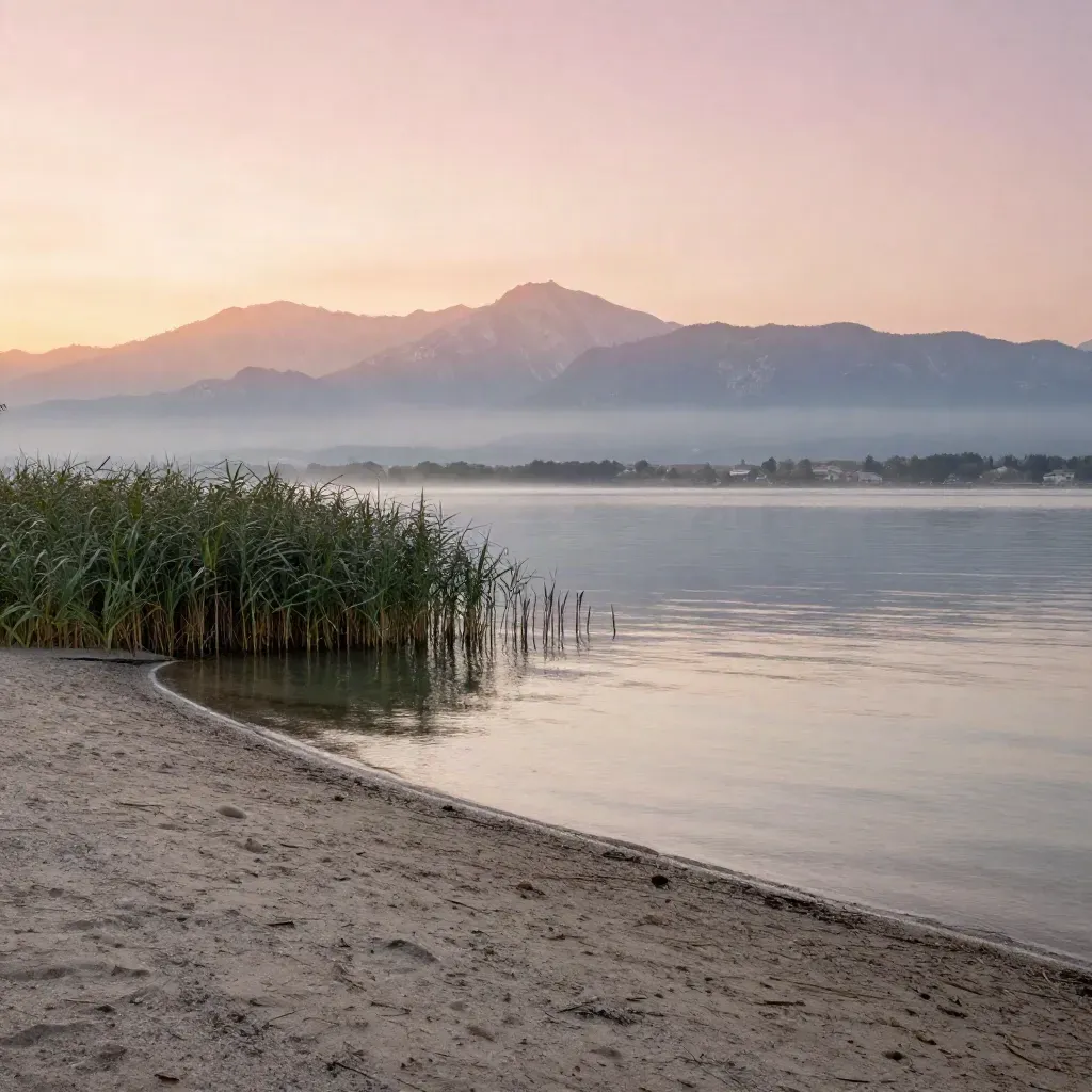 Starnberger See im Abendlicht mit ruhigem Wasser, Uferzone und fernen Alpen im Dunst.